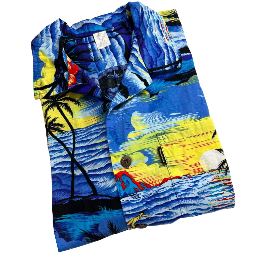 Palmwave Hawaiian Shirt Mens Small Blue Tropical Sunset Palm Hibiscus Aloha G6
